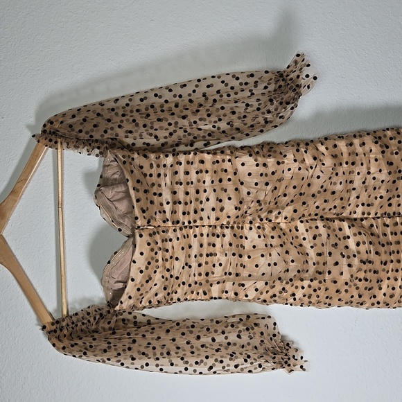MAJORELLE Tan And Black Polka Dots Ruched Bodycon Mini Off The Shoulder Dress S - Picture 5 of 10